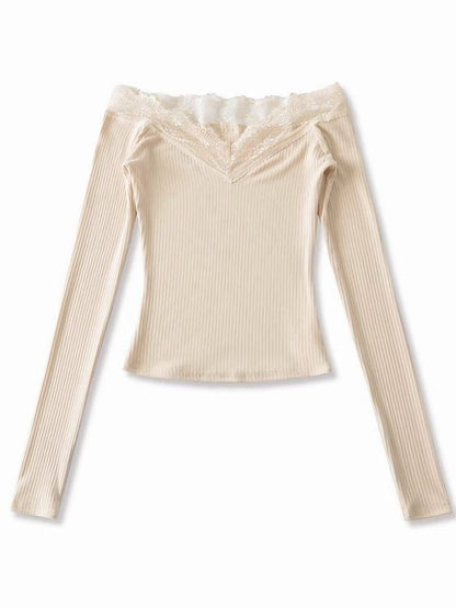 Off-Shoulder Long-Sleeve Plain Lace Trim T-Shirt
