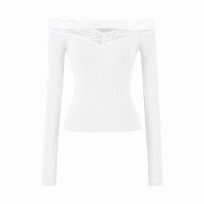 Off-Shoulder Long-Sleeve Plain Lace Trim T-Shirt