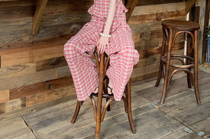 Mock Two-Piece V-Neck Plaid Lace Panel Button-Up Crop Camisole Top / High Waist Wide Leg Pants
