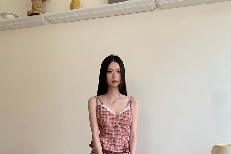 Mock Two-Piece V-Neck Plaid Lace Panel Button-Up Crop Camisole Top / High Waist Wide Leg Pants