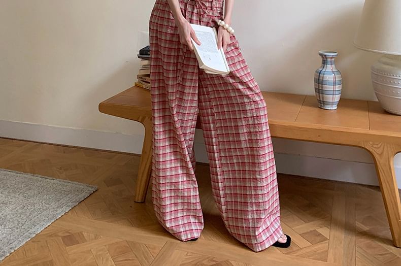 Mock Two-Piece V-Neck Plaid Lace Panel Button-Up Crop Camisole Top / High Waist Wide Leg Pants