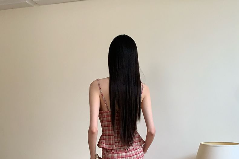 Mock Two-Piece V-Neck Plaid Lace Panel Button-Up Crop Camisole Top / High Waist Wide Leg Pants