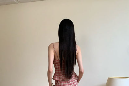 Mock Two-Piece V-Neck Plaid Lace Panel Button-Up Crop Camisole Top / High Waist Wide Leg Pants