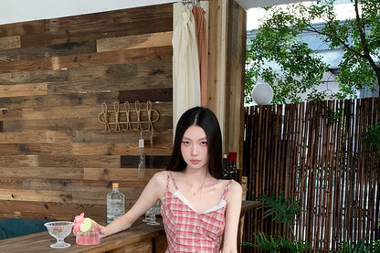 Mock Two-Piece V-Neck Plaid Lace Panel Button-Up Crop Camisole Top / High Waist Wide Leg Pants