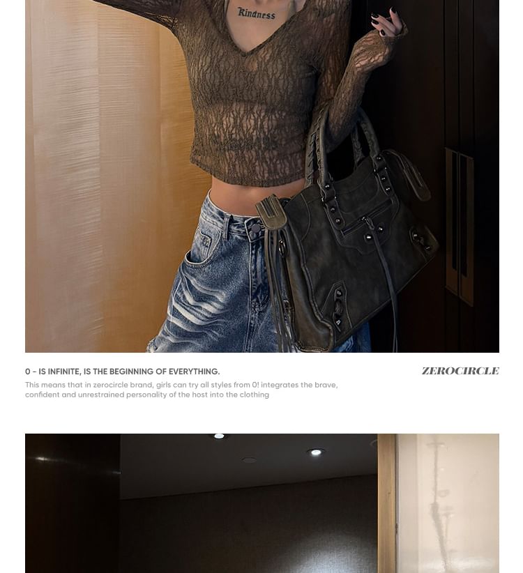 Long-Sleeve V-Neck Lace Crop Top
