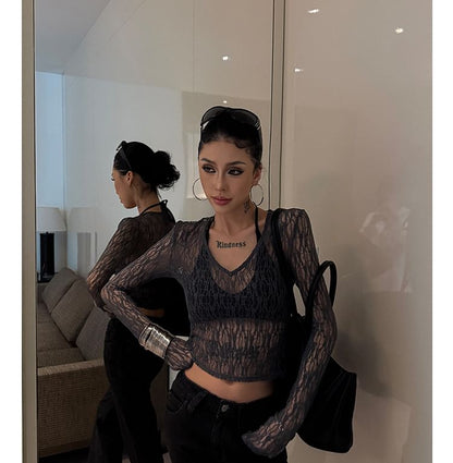 Long-Sleeve V-Neck Lace Crop Top
