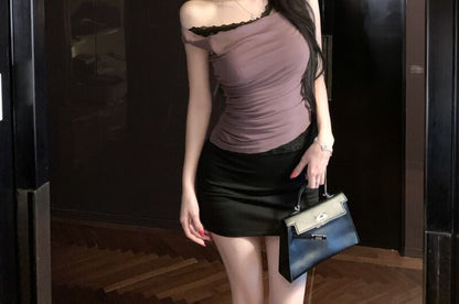 Lace Trim Plain Crop Tank Top