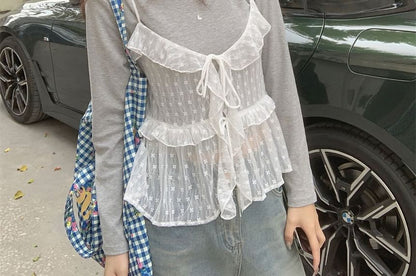 Set: Long Sleeve Round Neck Plain T-Shirt + Plain Ruffle Tie Front Lace Camisole Top
