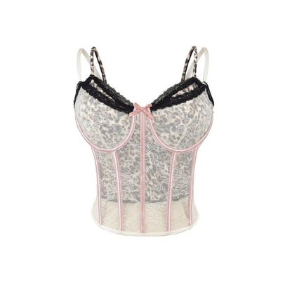 Mock Two-Piece Leopard Print Lace Panel Crop Corset Top