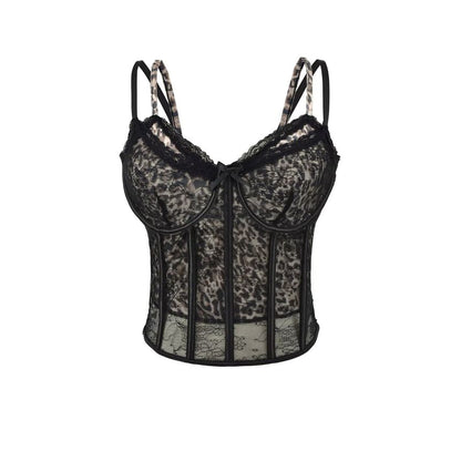Mock Two-Piece Leopard Print Lace Panel Crop Corset Top