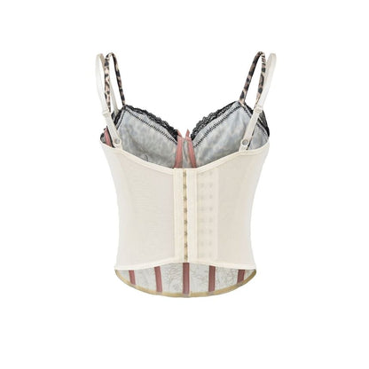 Mock Two-Piece Leopard Print Lace Panel Crop Corset Top