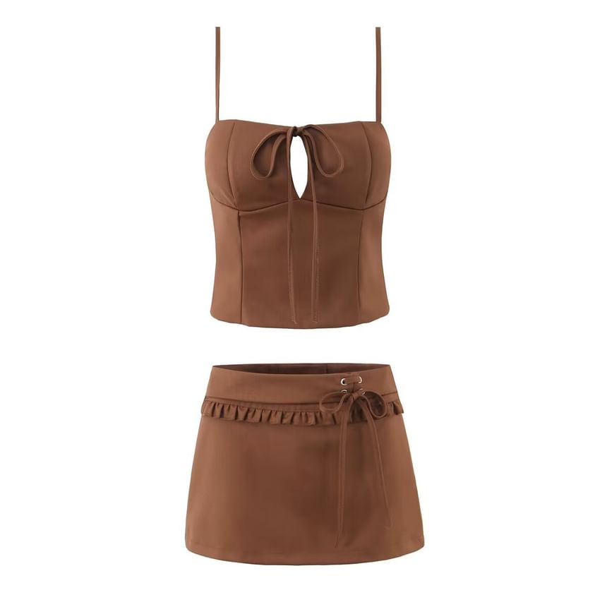 Plain Tie Front Camisole Top / Mid Rise Frill Lace Up Mini A-Line Skirt