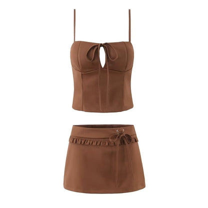 Plain Tie Front Camisole Top / Mid Rise Frill Lace Up Mini A-Line Skirt