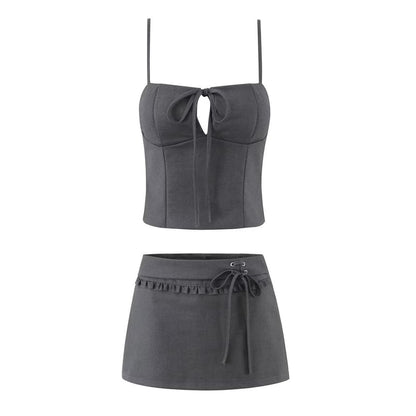 Plain Tie Front Camisole Top / Mid Rise Frill Lace Up Mini A-Line Skirt