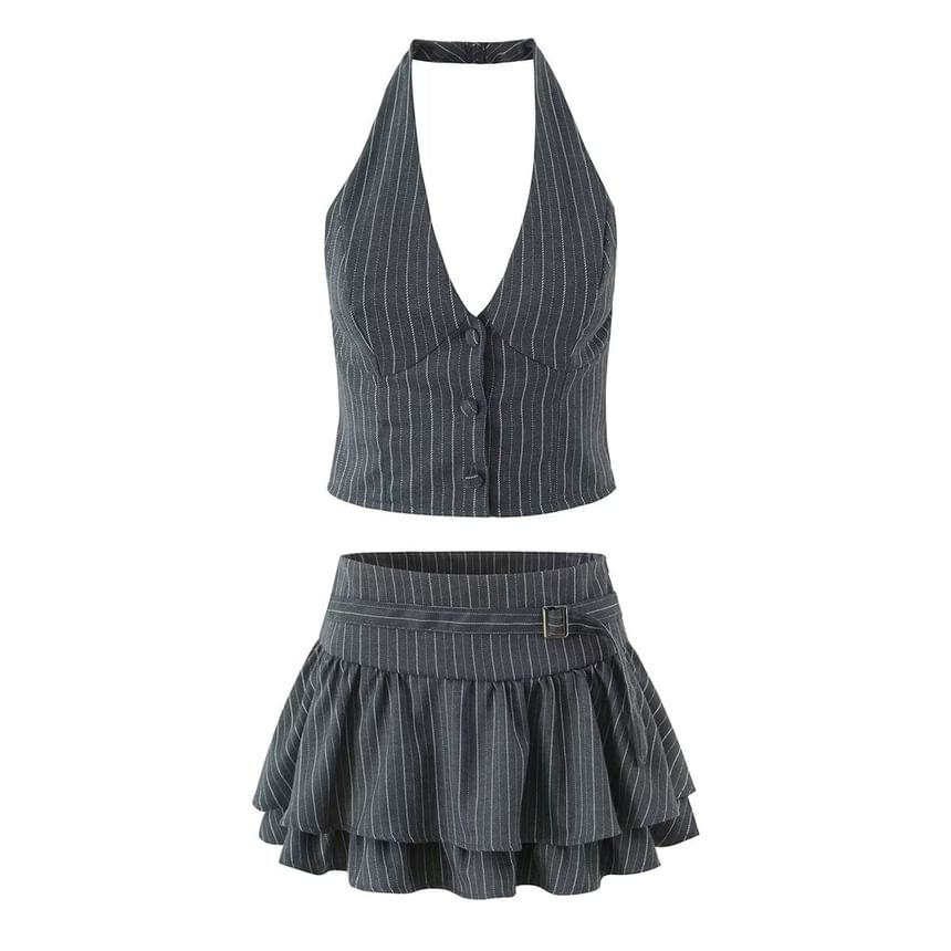 Halter V-Neck Striped Top / Mid Rise Buckled Ruffle Mini A-Line Skirt