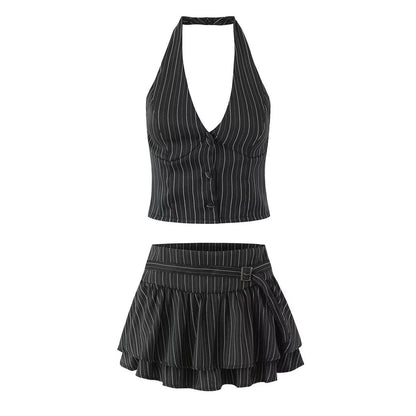 Halter V-Neck Striped Top / Mid Rise Buckled Ruffle Mini A-Line Skirt