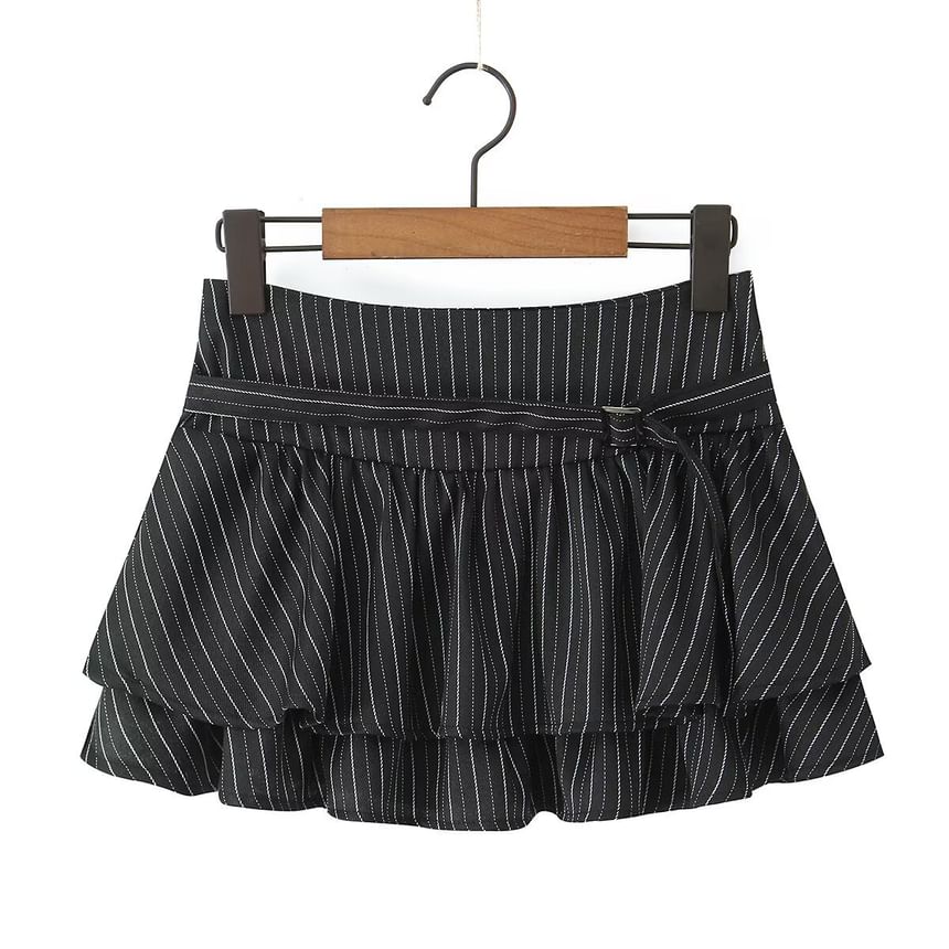 Halter V-Neck Striped Top / Mid Rise Buckled Ruffle Mini A-Line Skirt