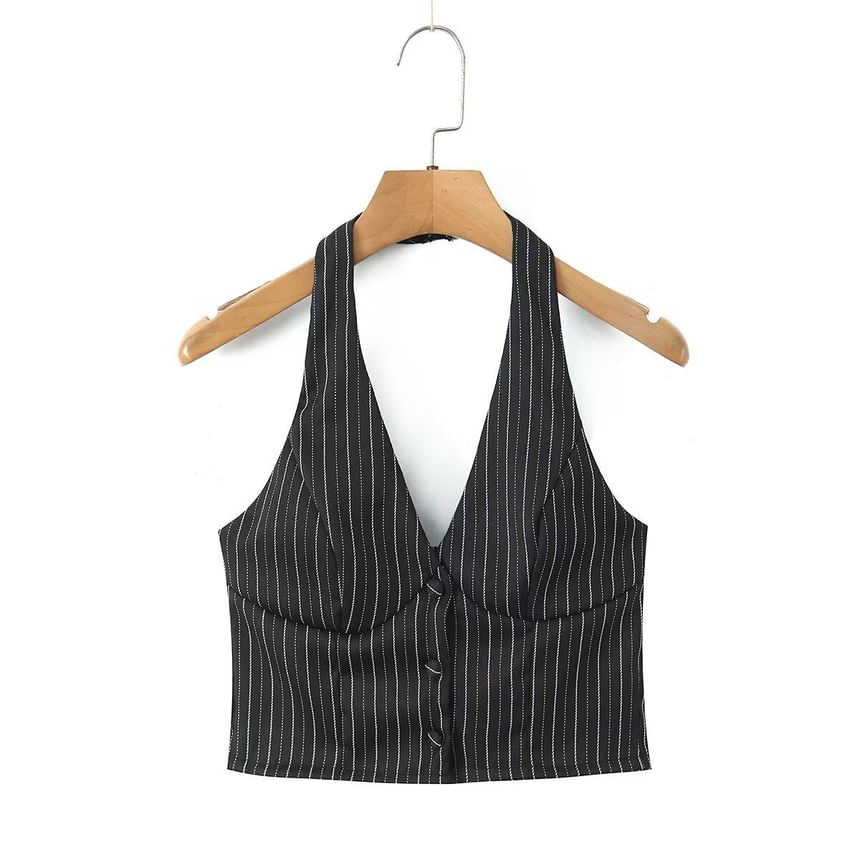 Halter V-Neck Striped Top / Mid Rise Buckled Ruffle Mini A-Line Skirt