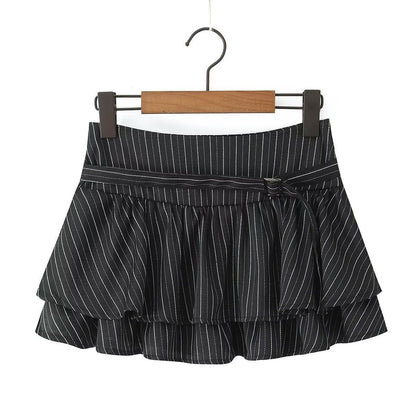 Halter V-Neck Striped Top / Mid Rise Buckled Ruffle Mini A-Line Skirt