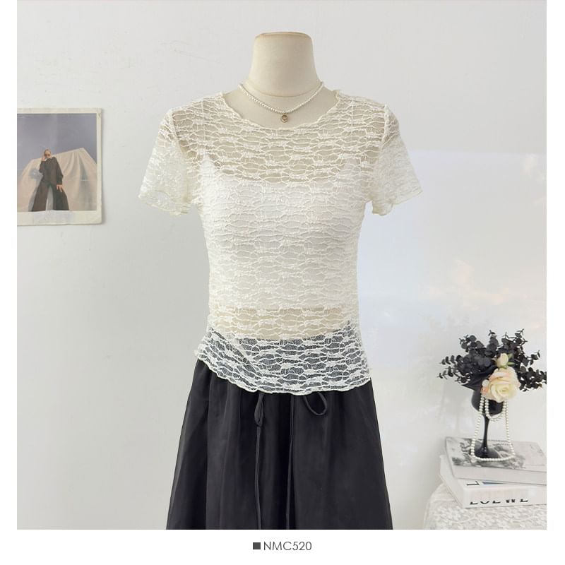 Short Sleeve Round Neck Plain Lace Top
