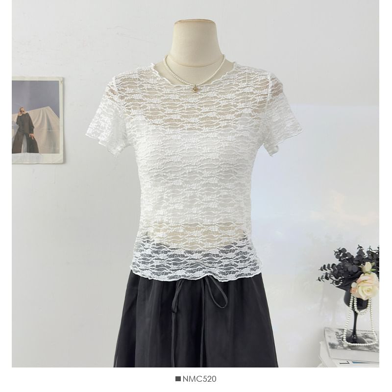 Short Sleeve Round Neck Plain Lace Top