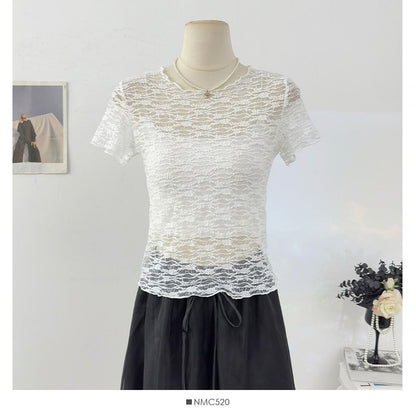Short Sleeve Round Neck Plain Lace Top