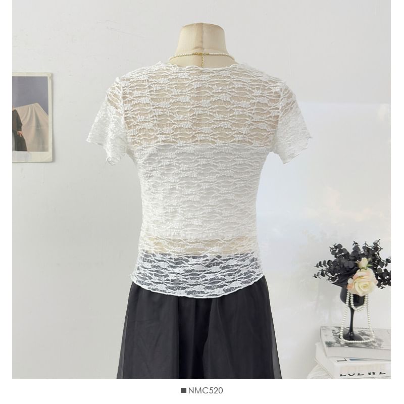 Short Sleeve Round Neck Plain Lace Top