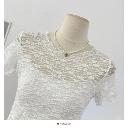 Short Sleeve Round Neck Plain Lace Top