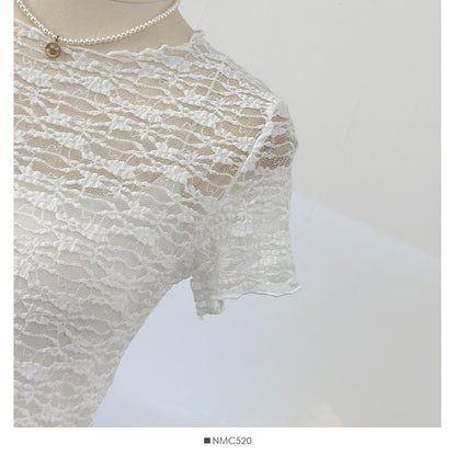 Short Sleeve Round Neck Plain Lace Top