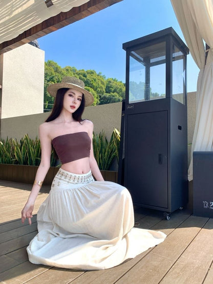 Sleeveless Turtleneck Plain Crop Top / Bandeau Top / Mid Waist Maxi A-Line Skirt