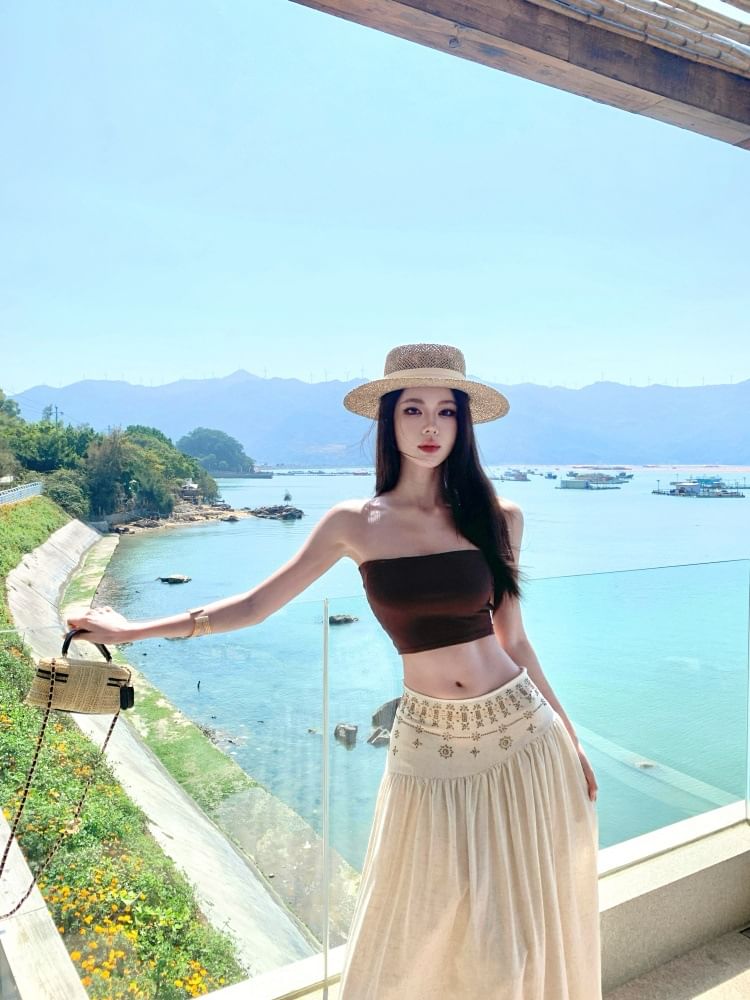 Sleeveless Turtleneck Plain Crop Top / Bandeau Top / Mid Waist Maxi A-Line Skirt