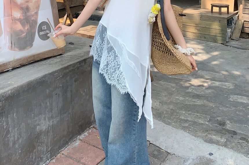 Sleeveless V-Neck Lace Panel Asymmetrical Plain Top