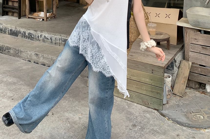 Sleeveless V-Neck Lace Panel Asymmetrical Plain Top