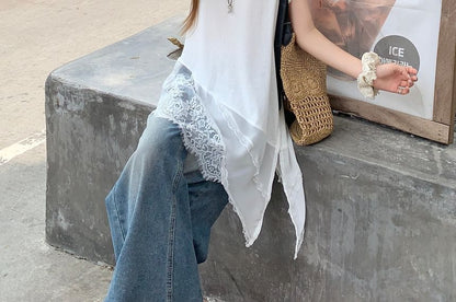 Sleeveless V-Neck Lace Panel Asymmetrical Plain Top