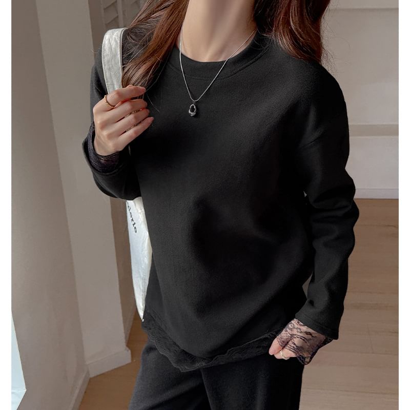 Long-Sleeve Crew Neck Plain Lace Trim T-Shirt