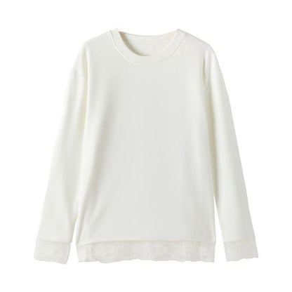 Long-Sleeve Crew Neck Plain Lace Trim T-Shirt