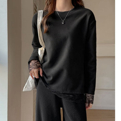 Long-Sleeve Crew Neck Plain Lace Trim T-Shirt