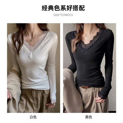 Long-Sleeve V-Neck Plain Lace Trim T-Shirt