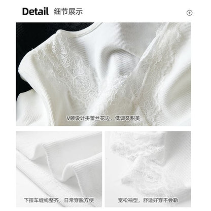 Long-Sleeve V-Neck Plain Lace Trim T-Shirt