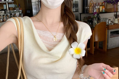 Sleeveless Cowl Neck Mock Two Piece Ruched Lace Panel Knit Top