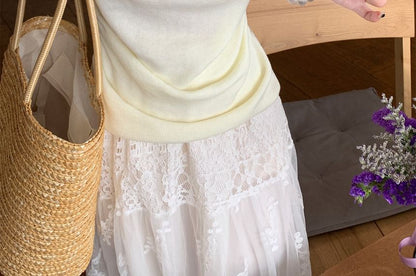 Sleeveless Cowl Neck Mock Two Piece Ruched Lace Panel Knit Top
