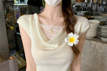 Sleeveless Cowl Neck Mock Two Piece Ruched Lace Panel Knit Top