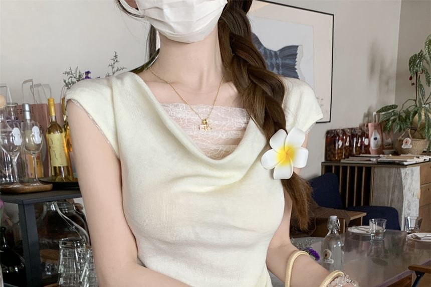 Sleeveless Cowl Neck Mock Two Piece Ruched Lace Panel Knit Top