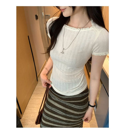 Short Sleeve Boat Neck Plain Lace Trim Ruched Top