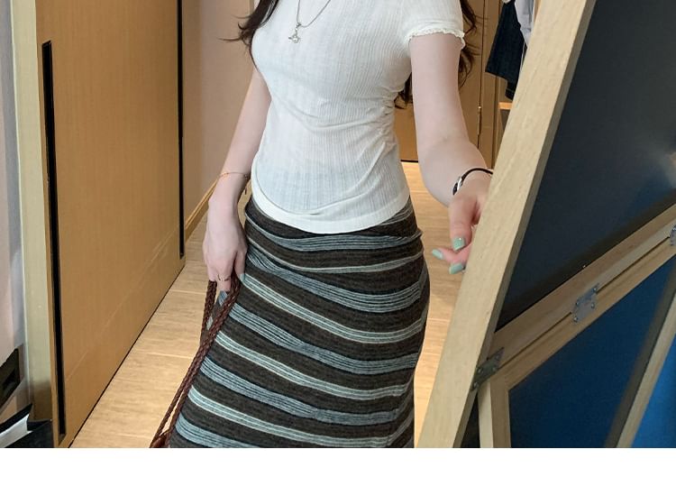 Short Sleeve Boat Neck Plain Lace Trim Ruched Top