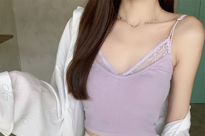 V-Neck Plain Mock Two Piece Panel Lace Crop Camisole Top