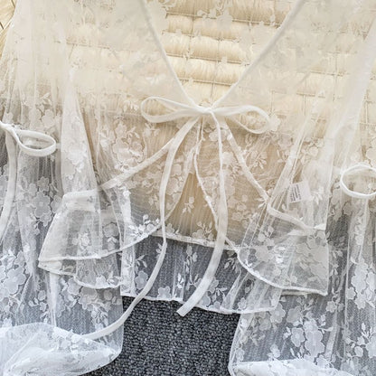 Puff-Sleeve V-Neck Lace Crop Top