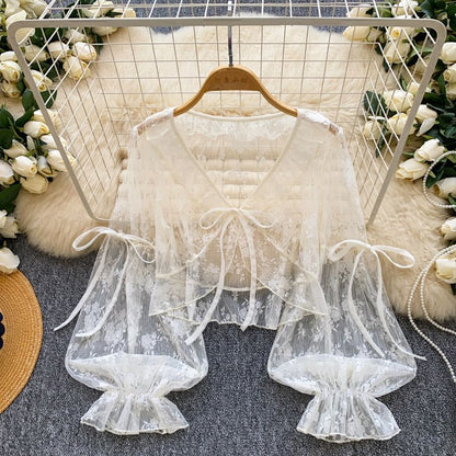 Puff-Sleeve V-Neck Lace Crop Top