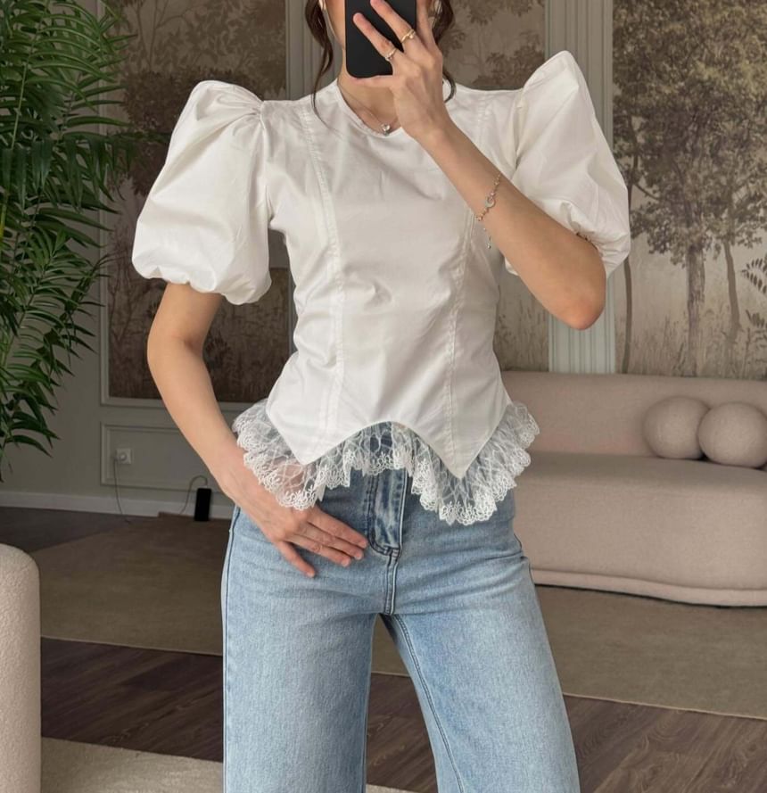 Puff Sleeve Plain Lace Panel Asymmetric Hem Slim-Fit Blouse