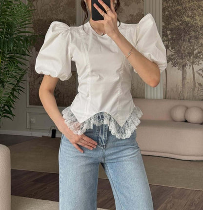 Puff Sleeve Plain Lace Panel Asymmetric Hem Slim-Fit Blouse